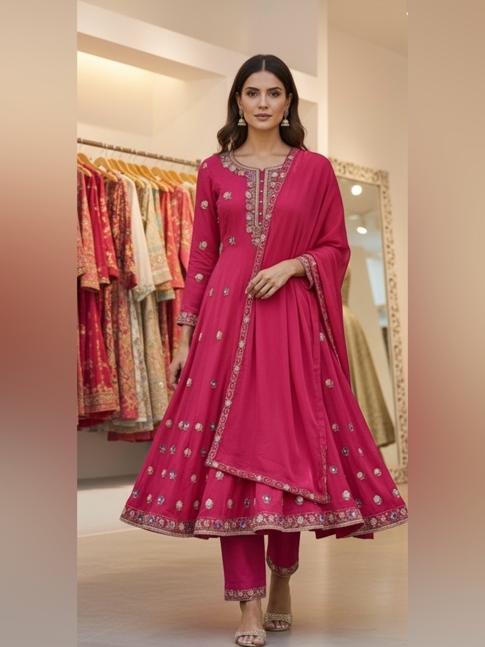 Elegant red Embroidered handwork Anarkali Dress with Dupatta